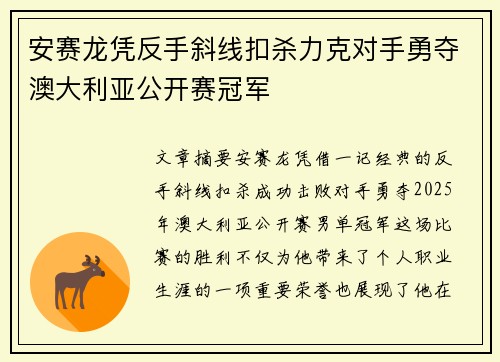安赛龙凭反手斜线扣杀力克对手勇夺澳大利亚公开赛冠军