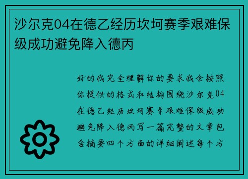 沙尔克04在德乙经历坎坷赛季艰难保级成功避免降入德丙